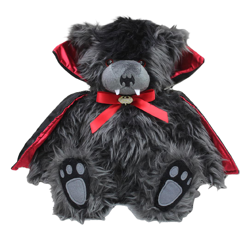 a transparent image of a bear that is dressed like a vampire. It's gray with a black fringe and is wearing a cape with red accents.