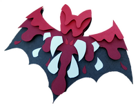 transparent picture of a bat made of paper and foam, the design is a gradient of reds forming faux splatters with six sharp teeth in the middle