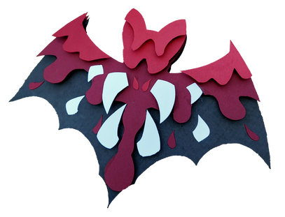 transparent picture of a bat made of paper and foam, the design is a gradient of reds forming faux splatters with six sharp teeth in the middle